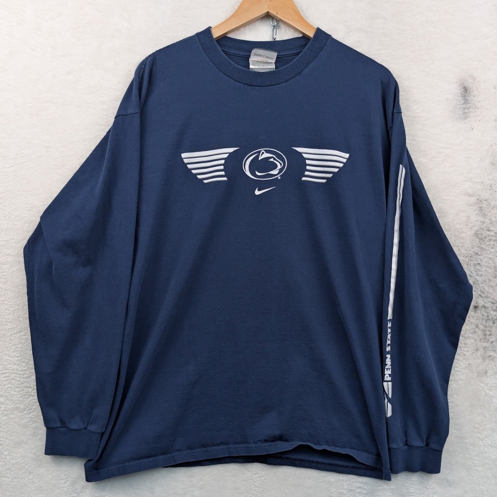 VTG Nike T-Shirt Men's Large Navy Penn State Nittany Lions NCAA Long Sleeve Y2K